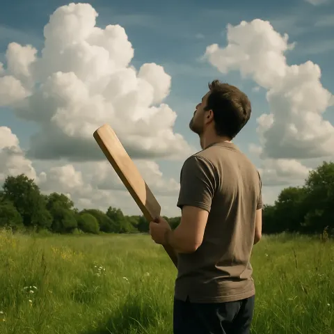 Man Stands Clutching a Cricket Bat