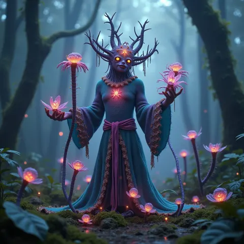 Bioluminescent Wizard Shaman of the Misty Rainforest