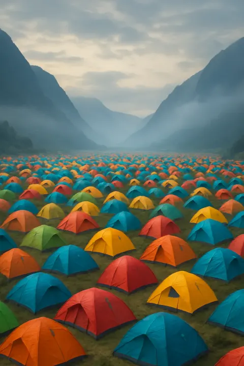 Sprawling Encampment of Countless Brightly Colored Tents Blankets