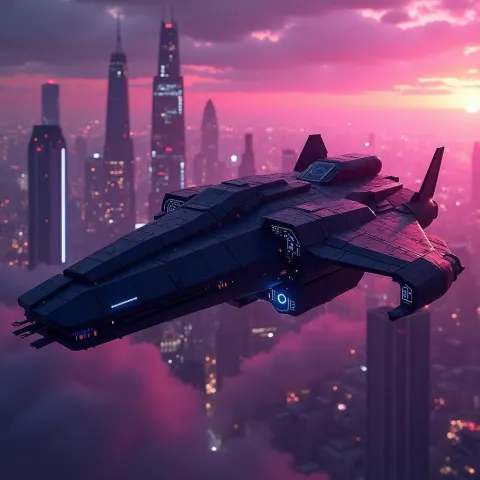 Neonpunk Spaceship Gliding Over a Cyber City