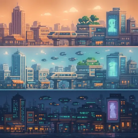 Square Pixel-art Illustration Showcasing a Futuristic Cityscape at Three