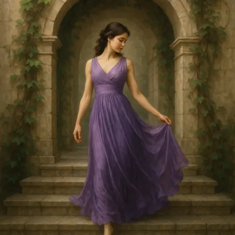 Woman in a Flowing Purple Dress Stands Gracefully on Steps