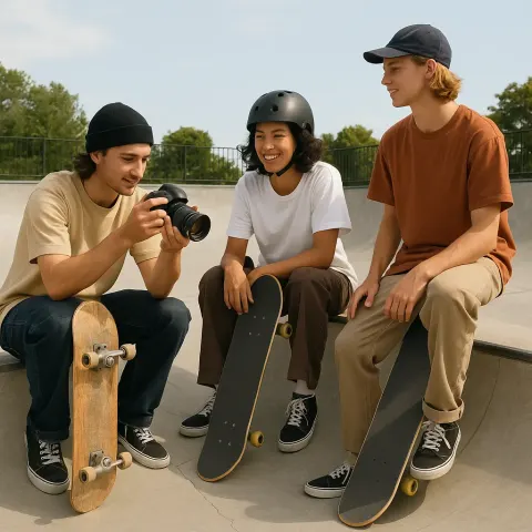 Three People with Skateboards at a Concrete Skatepark Edge