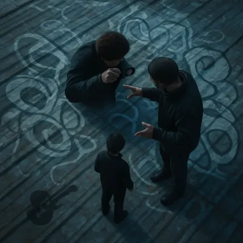 Three Diminutive Figures Are Sparsely Arranged Across a Vast