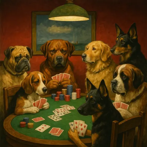 Seven Dogs Are Seated at a Poker Table