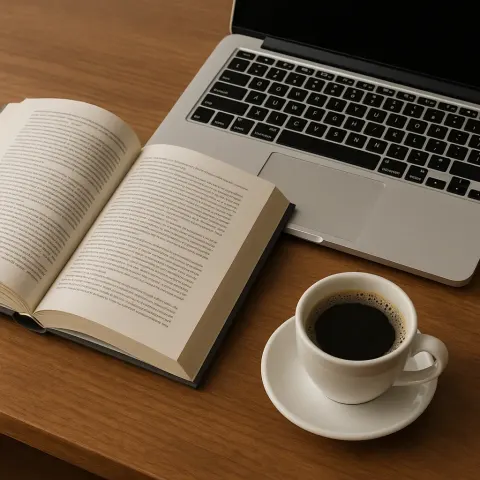 Laptop Sits Beside an Open Book on a Wooden Desk