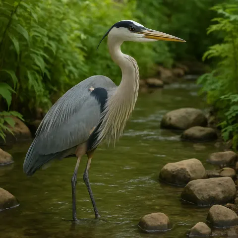 Great Blue Heron Standing in a Shallow Stream