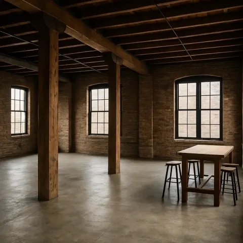 Open Industrial-style Room with Wooden Pillars