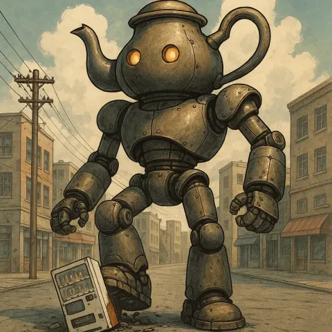 Colossal Robot with a Head Resembling a Teapot Stands