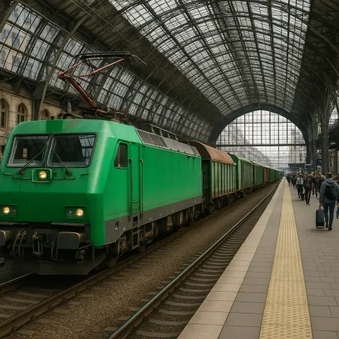 Freight Train with Green Locomotives and Attached Cargo Wagons Stands