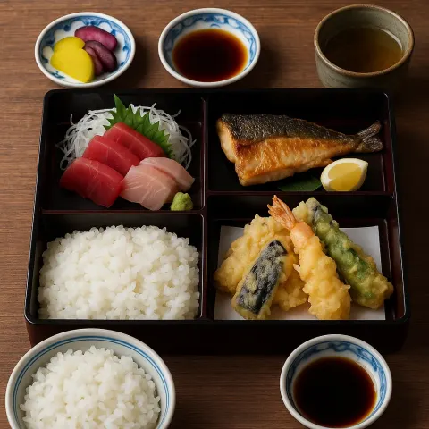 Traditional Japanese Meal Served in a Bento-style Arrangement
