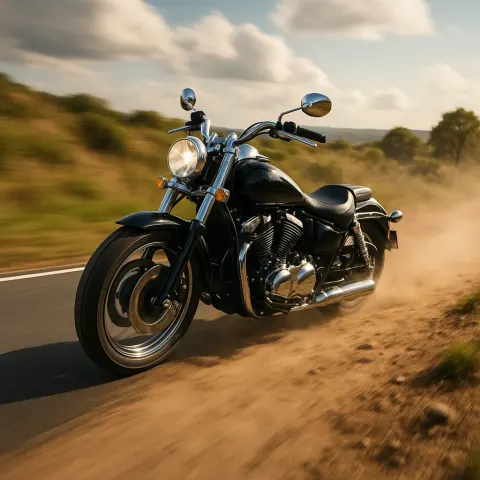 Gleaming Motorbike Raced Swiftly over the Smooth Asphalt Road
