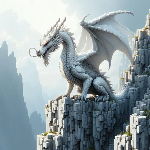 Pixel White Dragon Perched on Blocky Cliffs