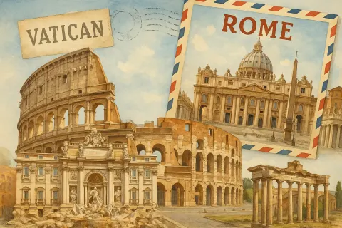 Travel-themed Collage Featuring Iconic Landmarks of Rome and the Vatican