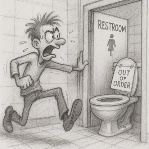 Restroom Sketch Could Portray a Character Hurrying to Address