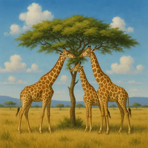Savanna Landscape with Three Giraffes Grazing near a Lone Tree