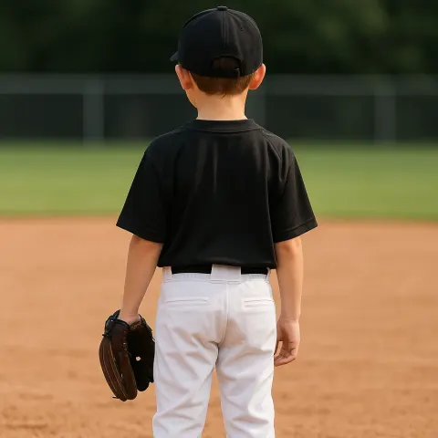 Young Boy Wearing a Black Baseball Jersey