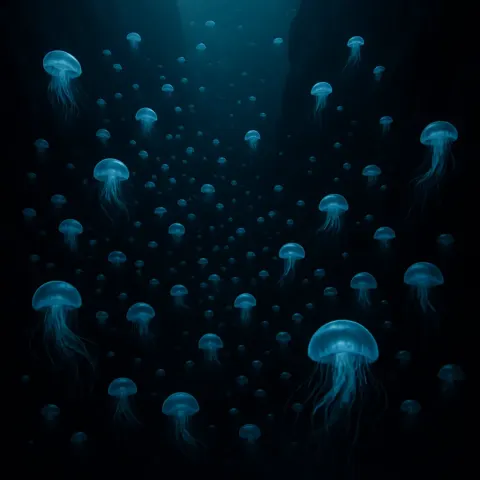 Vast Swarm of Bioluminescent Jellyfish Drifts Silently
