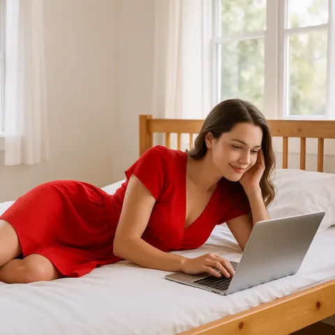 Woman in a Red Dress Lies on a Wooden