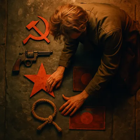 Revolutionary's Hands Meticulously Arrange Symbolic Items on a Damp Crypt