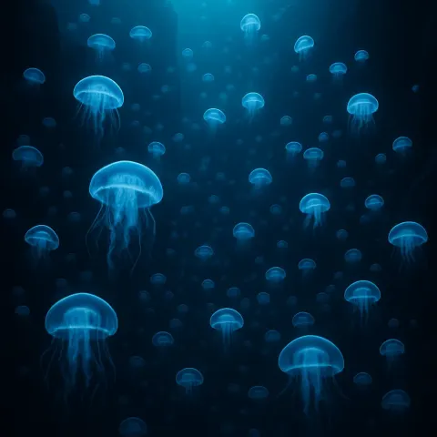 Vast Flock of Bioluminescent Jellyfish Drifts Through the Inky Depths