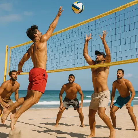 Group of Men Playing Beach Volleyball with One Jumping