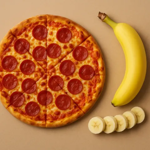 Pizza Positioned on the Left Side of a Banana