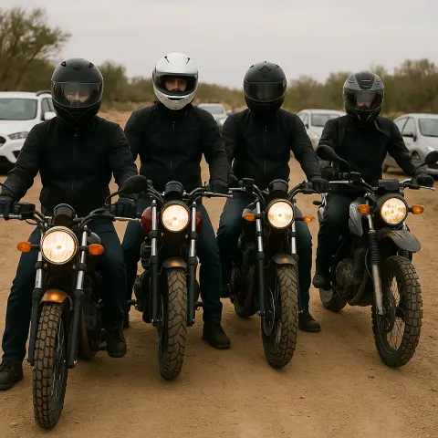 Group of Motorcyclists Wearing Helmets Lined Up on a Dirt