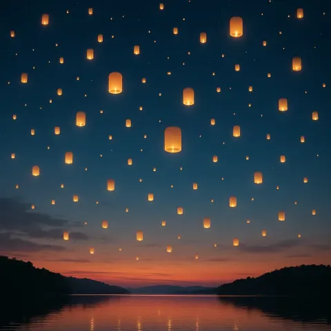 Multitude of Distant Glowing Lanterns Ascends into the Twilight Sky