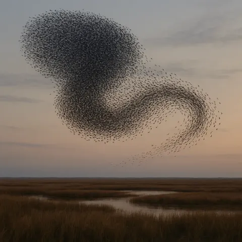 Immense Flock of Starlings Forms a Swirling Murmuration