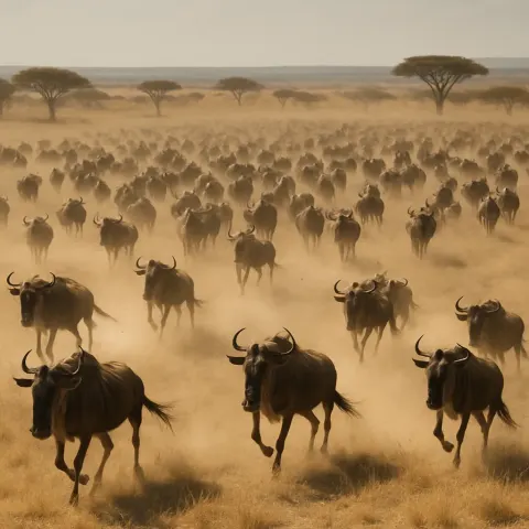 Vast Herd of Distant Wildebeest Kicks Up Dust