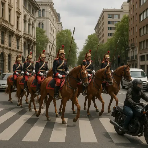 Procession of Mounted Soldiers in Traditional Uniforms Crossing a City