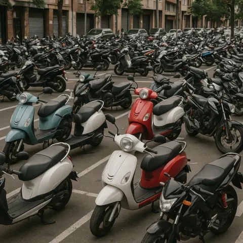 Parking Lot Filled with Various Parked Scooters and Motorcycles