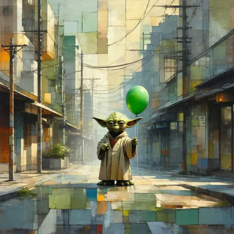 Cubist Yoda Holding a Green Balloon in Tokyo