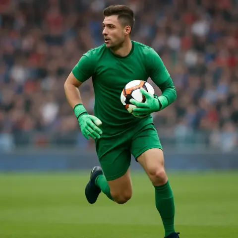 Soccer Player Wearing a Green Jersey and Gloves Runs