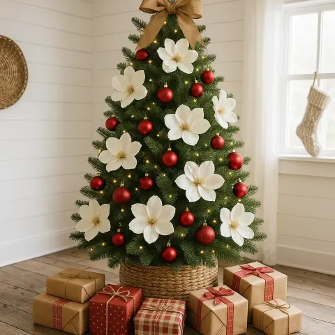 Farmhouse-style Christmas Tree Decorated with Magnolia Blossoms