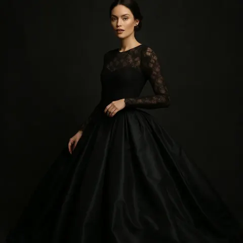 Woman Wearing a Black Long-sleeved Lace Top and a Voluminous
