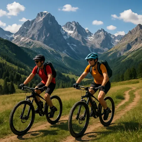 Two Cyclists Ride Mountain Bikes on a Grassy Trail