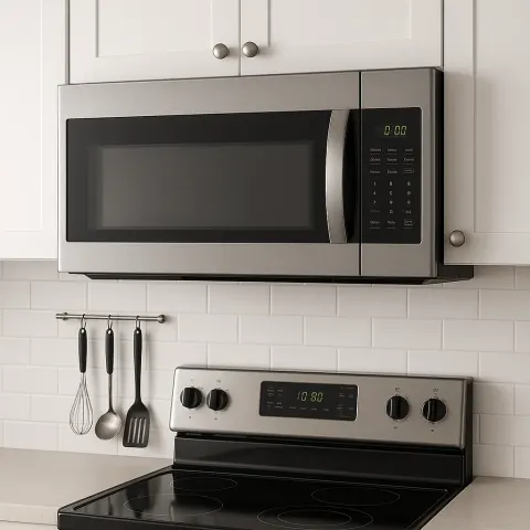 Stainless Steel Microwave Installed Below White Kitchen Cabinets