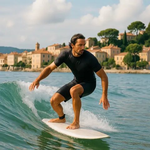 Man Surfing a Small Wave near a Coastal Town