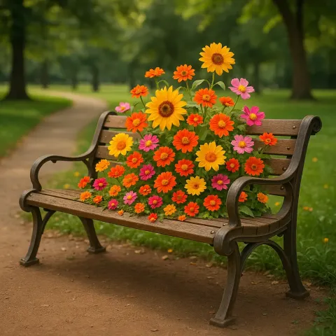 Wooden Bench Started to Bloom with Brilliant Flowers