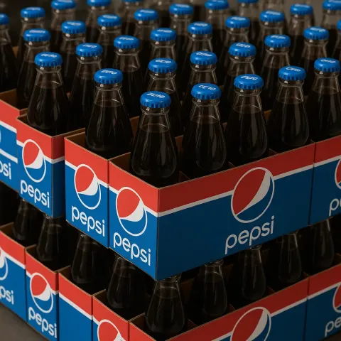 Rows of Glass Pepsi Bottles with Blue Caps