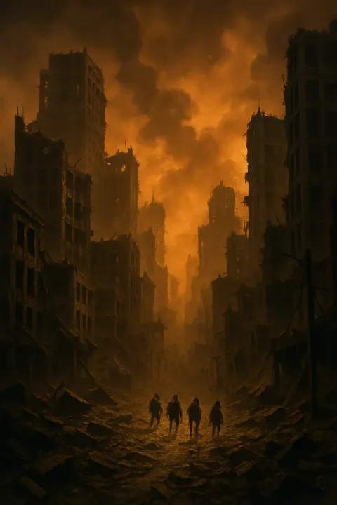 Small Group of Barely Discernible Figures Cautiously Navigates the Rubble-strewn