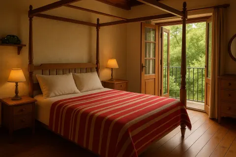 Cozy Bedroom with a Four-poster Bed Featuring a Striped
