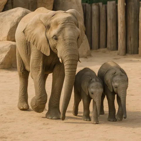 Adult Elephant and Two Baby Elephants Walking Together