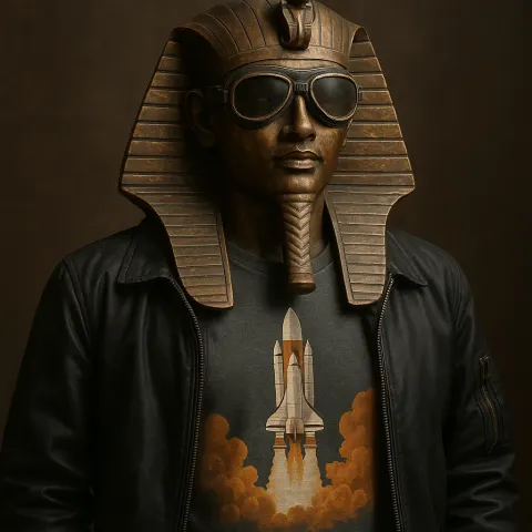 Depiction of a Bronze Pharaoh Statue Dressed in Aviator Goggles