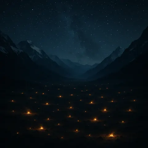 Many Distant Campfires Flicker Like Scattered Embers Across a Vast