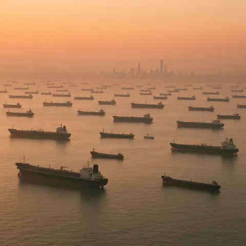 Vast Flotilla of Countless Cargo Ships and Tankers Lies Anchored