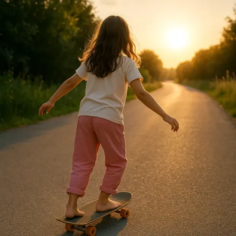 Barefoot Girl Wearing Pink Pants Rides a Skateboard