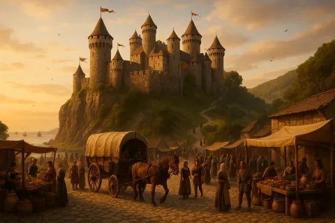 Vivid 3D Scene of a Medieval Castle Situated
